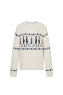 Star Walker White Fair Isle Pullover in Wool Pom-Pom Yarn Knit