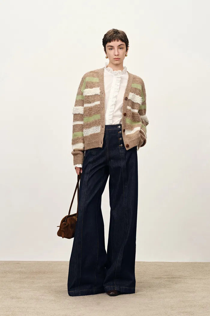 Anja Multi-Texture Striped Cardigan in Merino Mohair Wool Knit