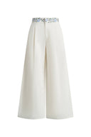Danielle Waistband Embroidered Wide Leg Ankle Pants in Cotton Blend Texture