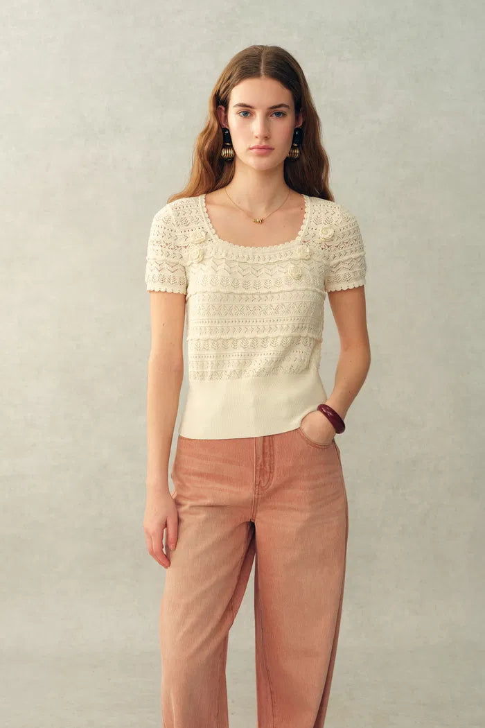 Leyla 3D Floral Square-Neck Top in Cotton Denim Knit