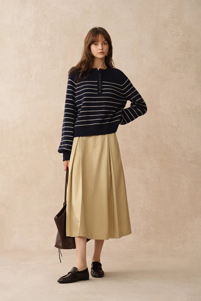 Rhea Scalloped Henley Striped Sweater in Wool-Alpaca Knit