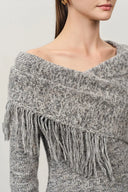 Luna Cold Shoulder Floral Tulle Tassel Sweater in Merino Wool