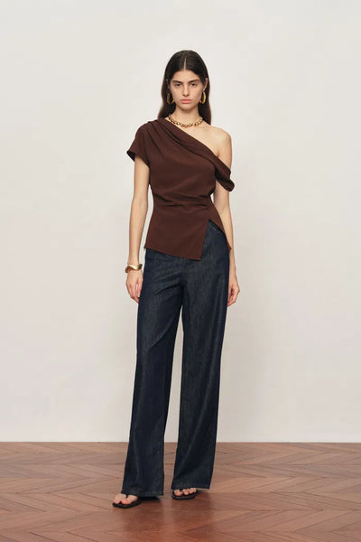 Hazel Asymmetric Ruched One Shoulder Side Slit Fitted Top in
