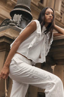 Lilou French Cutwork Embroidery Ruffle-Sleeve Top and Pants Matching Set in Cotton & Linen