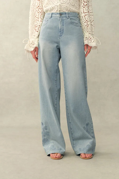 Berthe Embossed Flowers Straight Leg Jeans in Cotton Denim