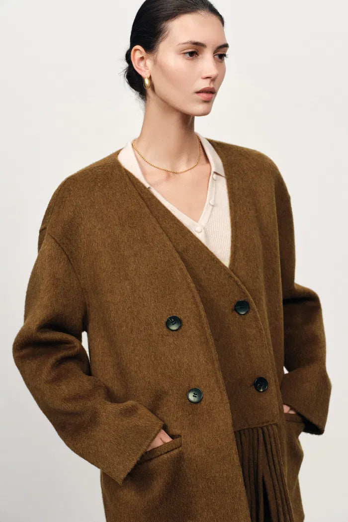 Athena Fringed Scarf Coat in Wool-Camel Down Blend