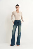 Ava Contoured Waistband Gradient Washed Flared Jeans in Stretchy Denim