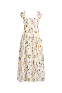 Eliana Handpainted Freesia Ruffle Trim Wide Strap Sleeveless Dress in Silk Cotton Blend