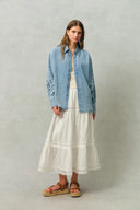 Vinetta Curved Button Placket Floral Embroidered Shirt in Cotton Linen Denim