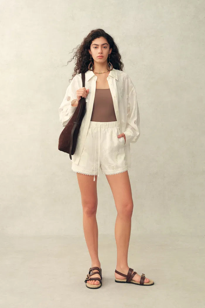 Jill Mesh Embroidered Shorts in Silk Linen Blend