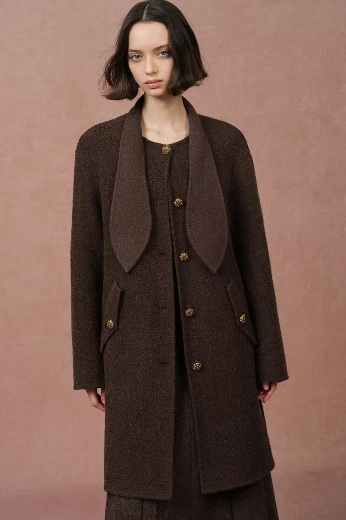 Rye Bunny Ear Scarf Collar Midi Coat in Merino Mohair Loop Wool