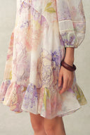 Vestito Babydoll Yori con Balze Ondulate Dipinte a Mano in Misto Seta Lino