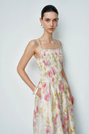 Kari Hand Woven Strap Shirred Dress in Silk-Linen Blend