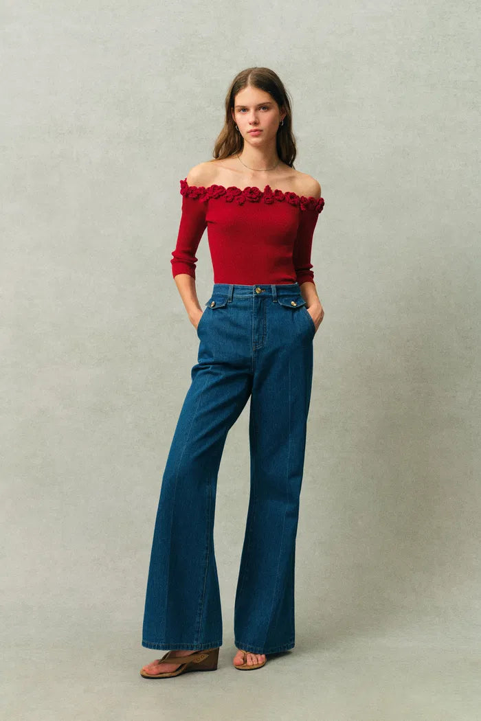 Giulietta 3D Floral One Shoulder Short Sleeve Knit Top in Triacetate