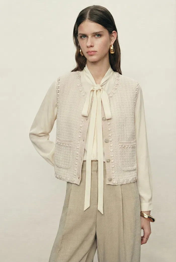 Jinelle Hand-crocheted Textured Sleeveless Vest Top in Cotton Knit