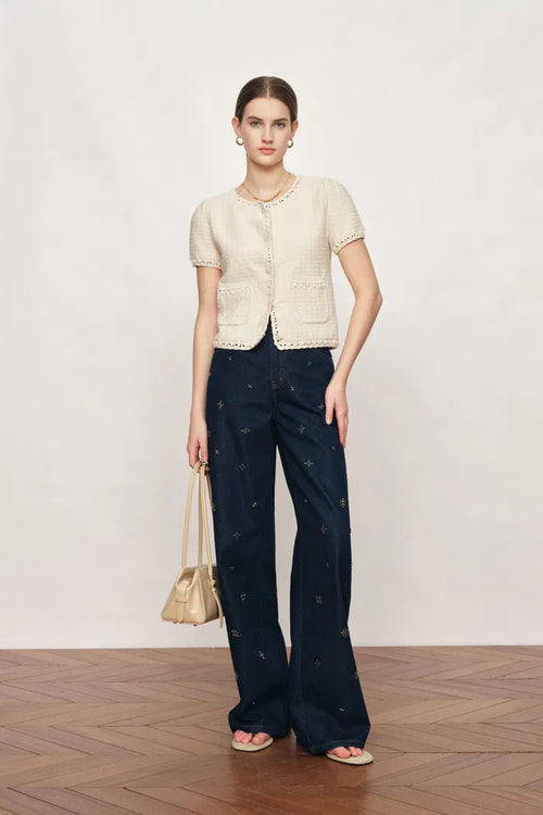 Shay Short Sleeve Crop Cardigan in Textured Cotton Knit