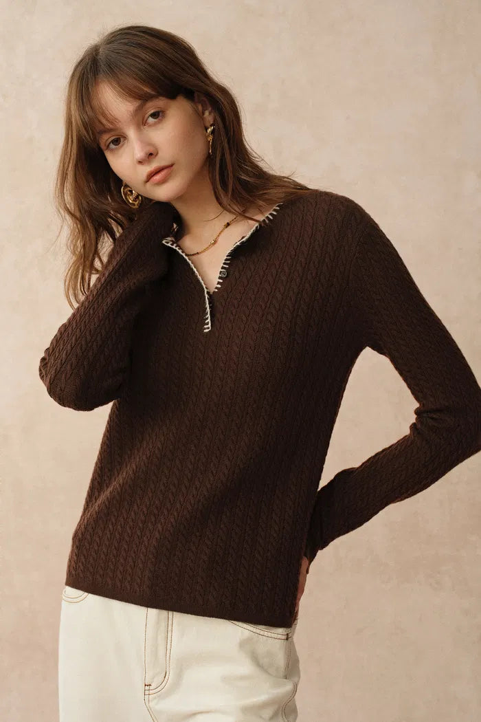 Mika Brown Henley Neck Long Sleeve Top in Merino Wool Cable Knit