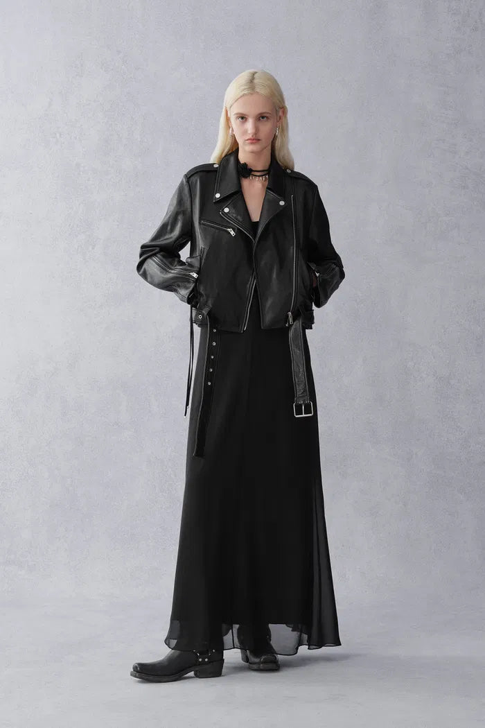 Olympe Slanted Placket Biker Jacket in Sheepskin Leather