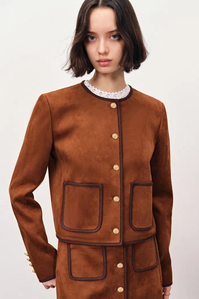 Olivia Contrast Trim Jacket in Faux Suede
