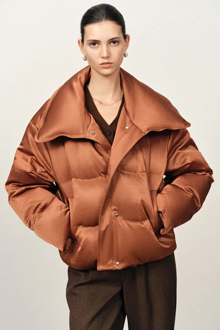 Ivy Lapel Quilted Down Jacket in Acetate Satin
