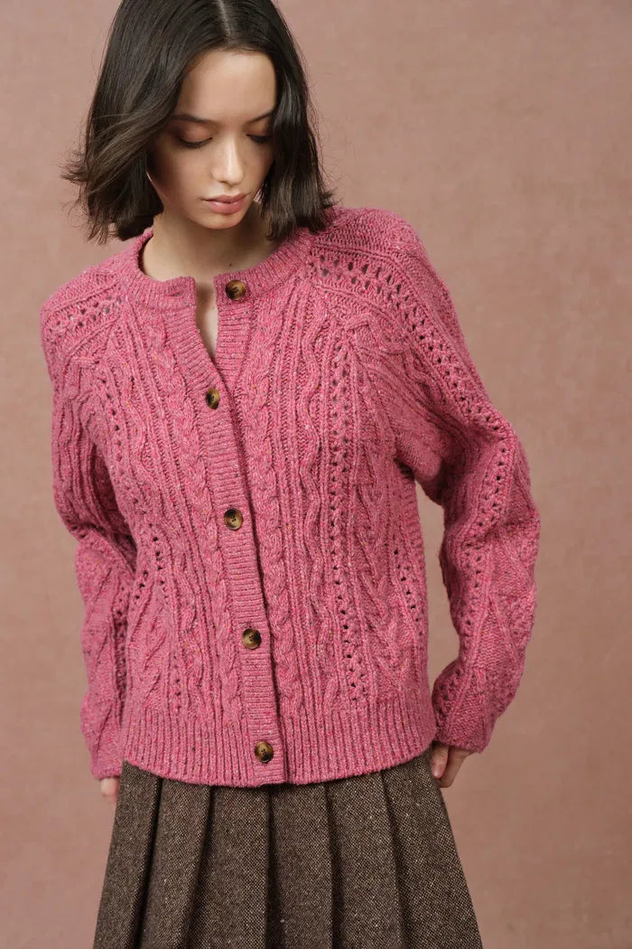 Celina Cable Knit Cardigan in Merino Wool Marled Chunky Knit