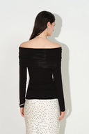 Mia Metallic Button Off Shoulder Knit Top in Stretch Knit