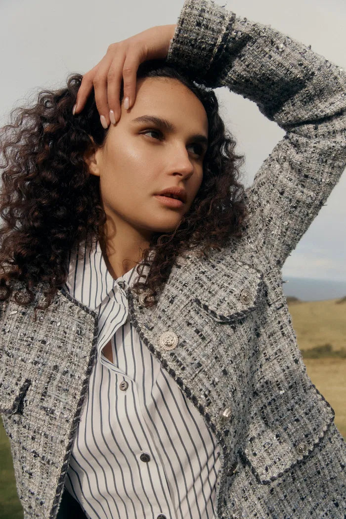 Deauville Hand Woven Trim Crew Neck Tweed Jacket in French Bouclé