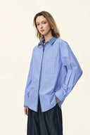 Camisa Blair con Cuello en Contraste y Parche de Rayas en Popelina de Algodón