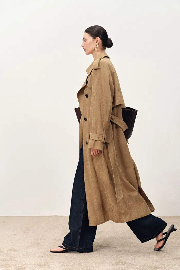 Astrid Detachable Epaulette Trench Coat in Faux Suede – fbrq.com