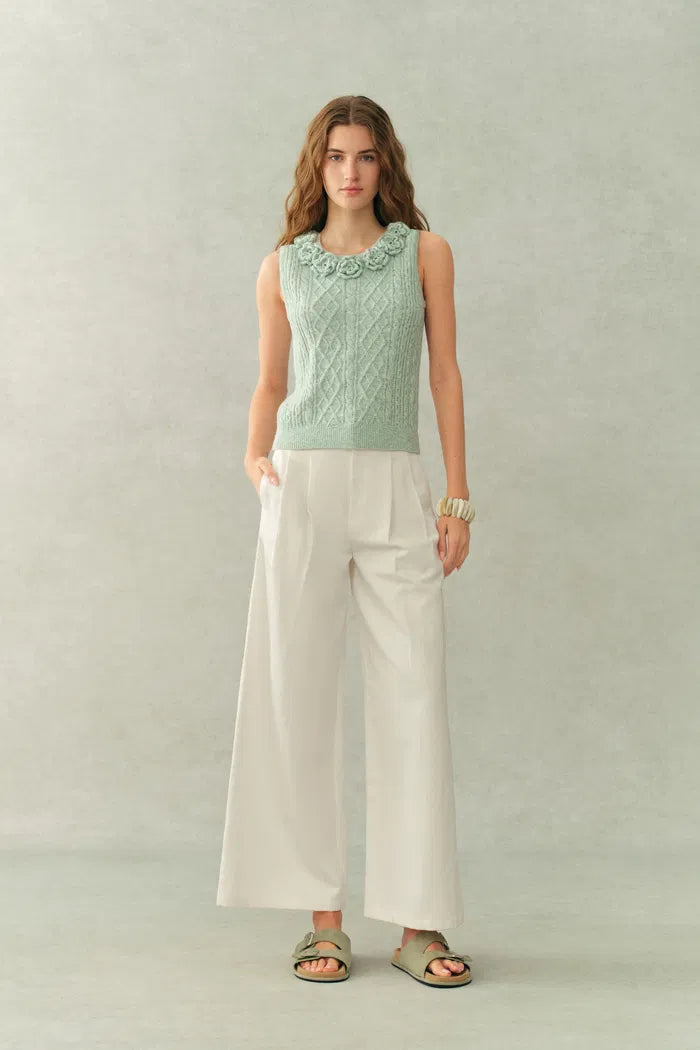 Danielle Waistband Embroidered Wide Leg Ankle Pants in Cotton Blend Texture