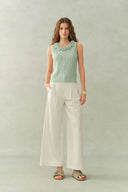 Danielle Waistband Embroidered Wide Leg Ankle Pants in Cotton Blend Texture