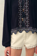 Blair Boho Embroidered  Sheer Lace Puff Sleeve Blouse in Crinkled Georgette