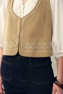 Top sin mangas Vestsue de gamuza falsa bordada