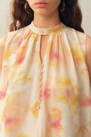 Charlotte Handpainted Floral Neck Tie Sleeveless Blouse in Silk Double Crepe