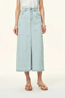 Falda midi Delia Handwork Beading en denim de algodón