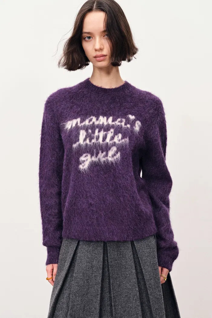 Girlie Hand Work Alphabet Purple Sweater in Alpaca Blend