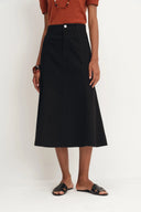 Nyssa Flared Midi Skirt in Stretchy Denim