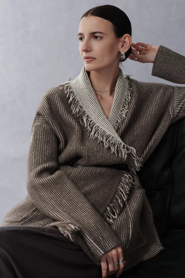 Dora Fringed Two Tone Cardigan in Wool Alpaca Blend