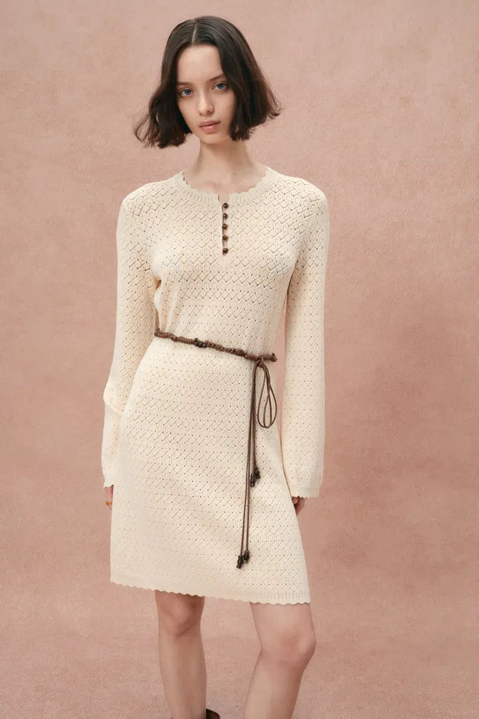 Mira Heavy Shell Hem Long Sleeve Short Dress in Pearl Fiber Blend