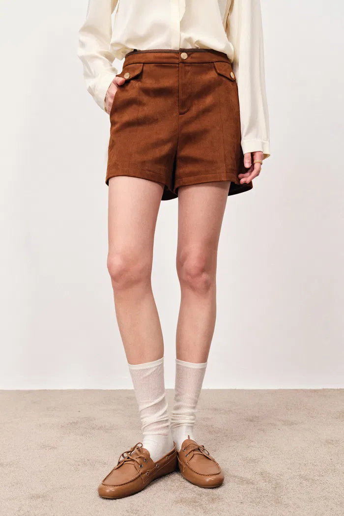 Marian Color Block Trim Shorts in Faux Suede