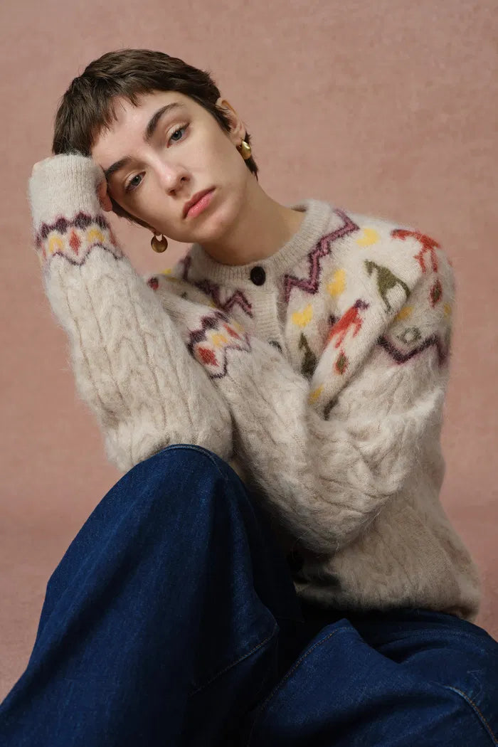 Genevieve Hidatsa Tribal Artwork Inspired Pony Fair Isle Cardigan in Alpaca Multi-Yarn