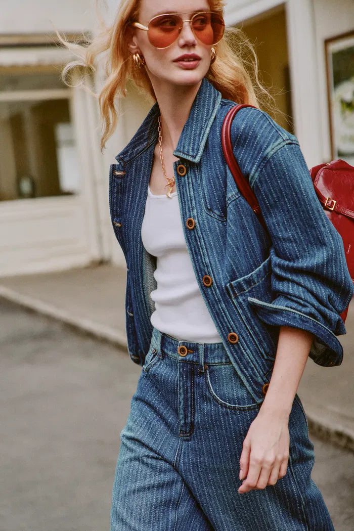 Colette Striped Washed Blue Patch Pocket Jacket in Herringbone Denim