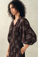 Cleo Smocked Handpainted Floral Puff Sleeve Midi Dress in Cotton