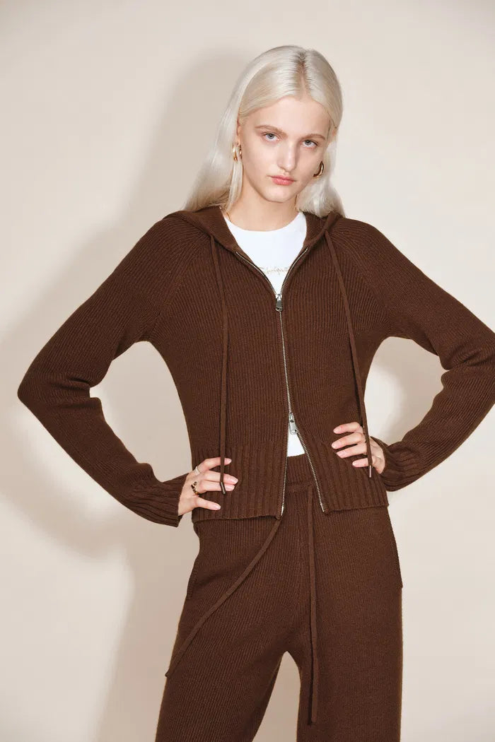 Vivi Hooded Fitted Cardigan and Pants Matching Sets in Merino Wool Knit