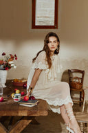 Sophia Lace Embroidery Capelet Short Sleeve Dress in Silk Blend Crinkled Georgette
