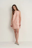 Luminere Beaded Floral Applique Sleeveless Short Dress in Silk-Wool Satin