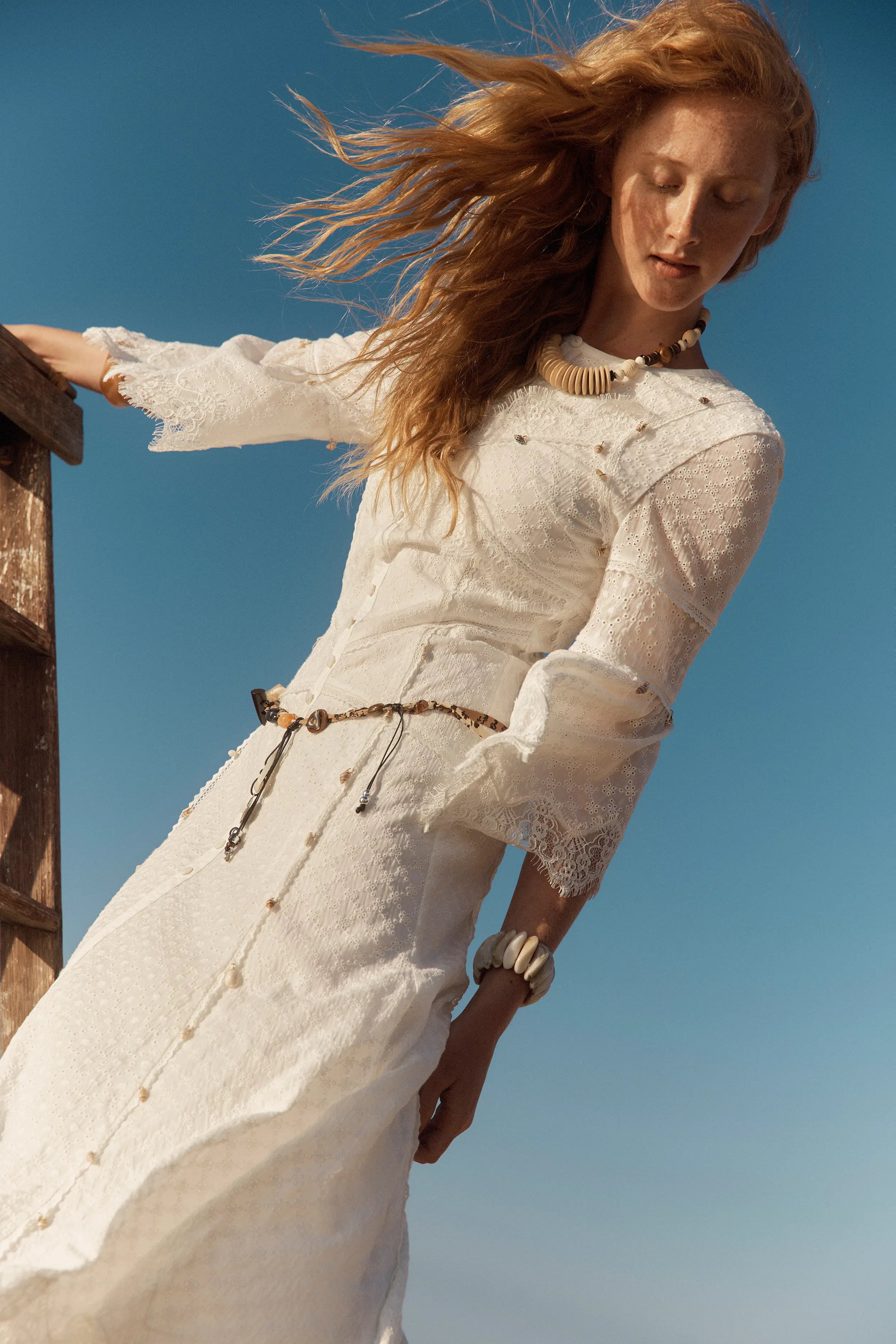 Aitana Lace Jacquard Embroidery Long Sleeves Irregular Hem Dress in Tencel Linen L