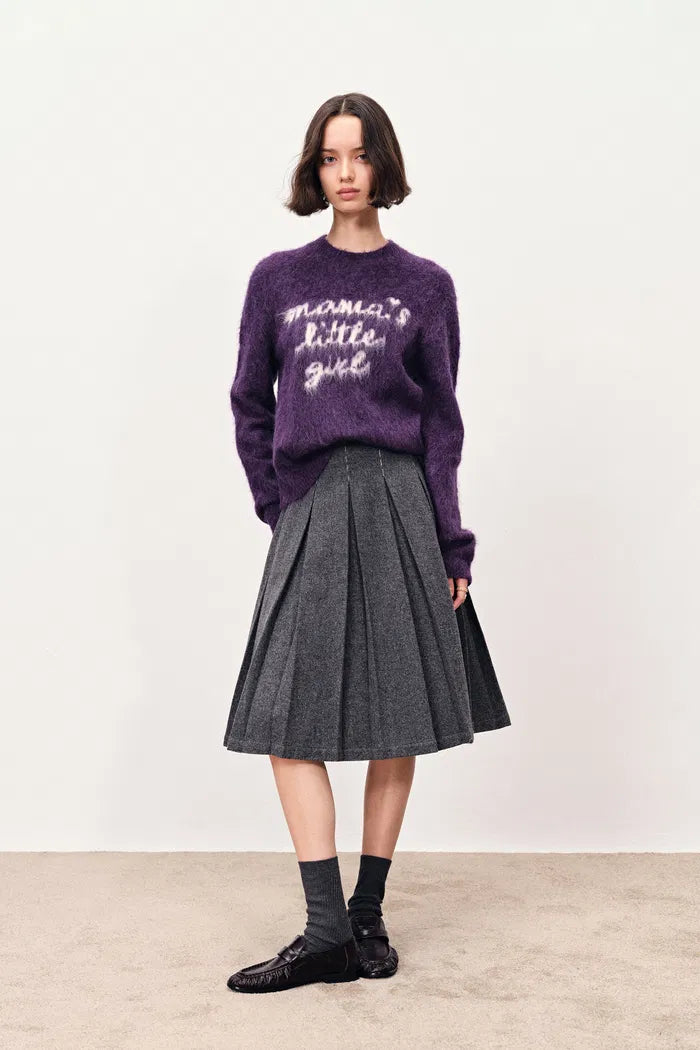 Girlie Hand Work Alphabet Purple Sweater in Alpaca Blend