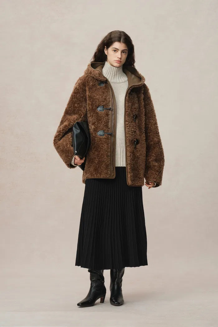 Clémence Shearling Hooded Coat in Vegan Leather and Wool Blend Clémence Shearling Hooded Coat in Vegan Leather and Wool Blend
