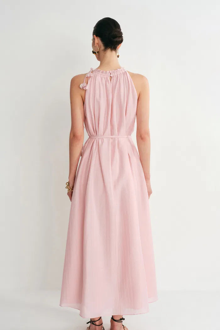 pink linen blend dress Mint Velvet Pink Beige Blend Tie Detail Maxi Dress | Size 8 | Pink | Short Sleeve